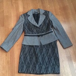 Smart grey tweed suit with black lace overlay
